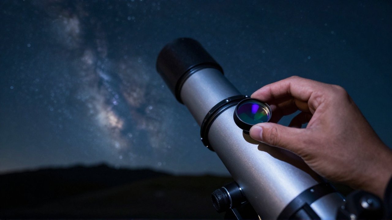 Mano de un astrónomo colocando un filtro de vidrio en el ocular de un telescopio bajo un cielo estrellado.