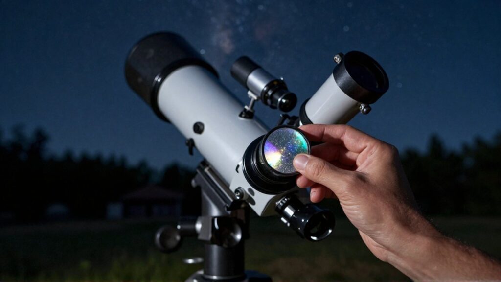 Un astrónomo coloca un filtro de cristal en el ocular de un telescopio bajo un cielo estrellado.