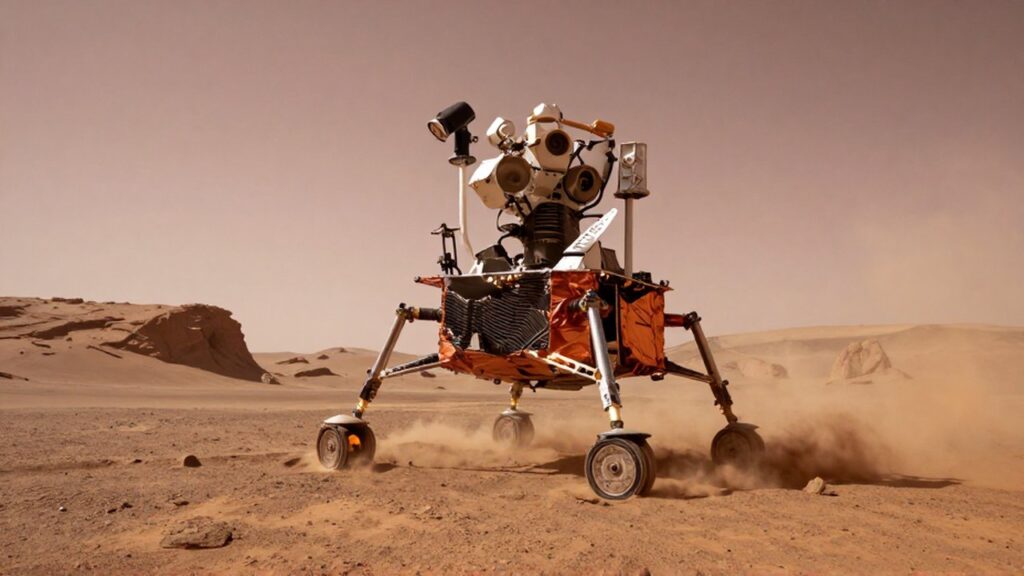 Un robot aterrizador desciende hacia la superficie rocosa de Marte con cohetes encendidos levantando polvo.