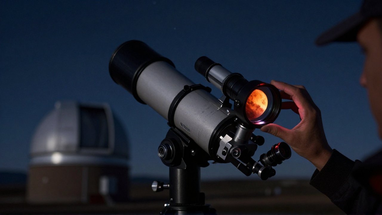 Mano de un astrónomo ajustando un filtro en un telescopio con Marte visible al fondo.
