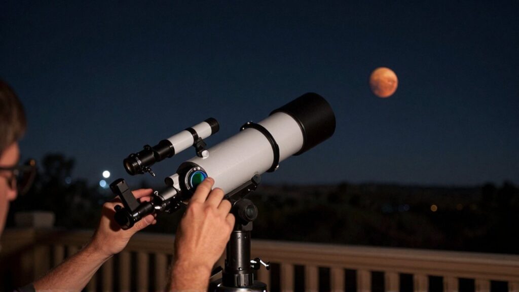 Primer plano de un astrónomo colocando un filtro de color en un telescopio bajo un cielo estrellado.