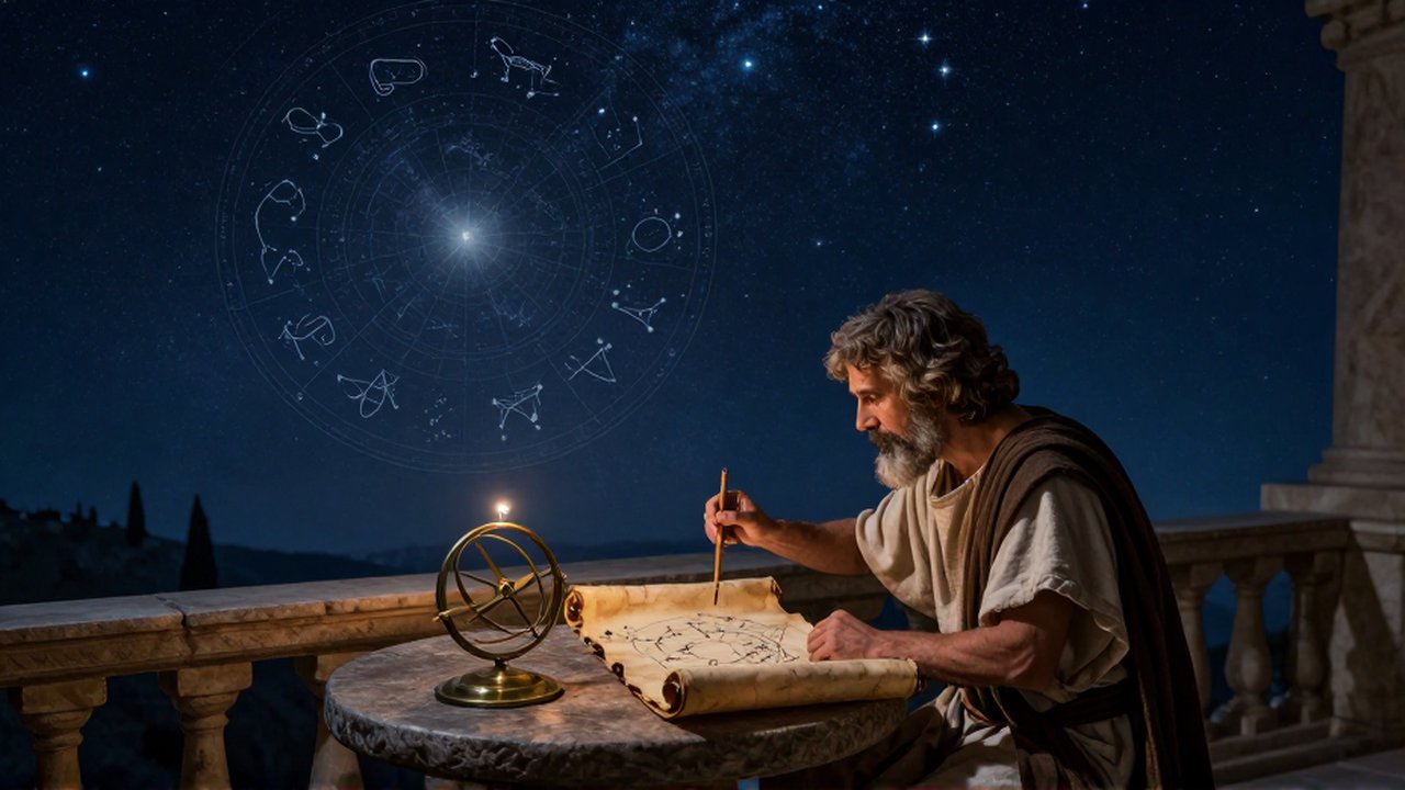 Astrónomo antiguo estudia un pergamino con un compás de madera bajo un cielo estrellado nocturno.