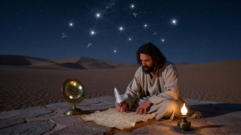 Un astrónomo antiguo estudia un manuscrito bajo un cielo nocturno estrellado en un desierto.