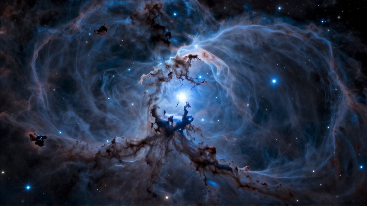 Nebulosa de reflexión con filamentos azulados y un cúmulo de estrellas brillantes en el espacio profundo.