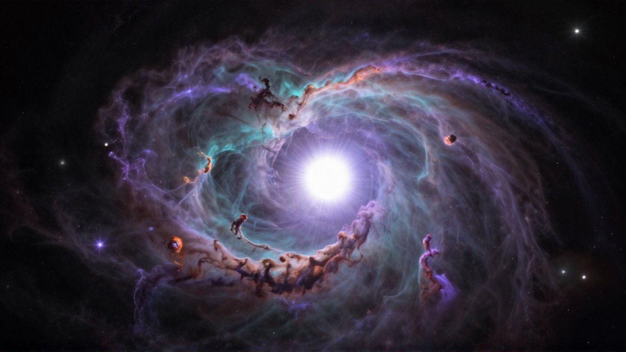 Nebulosa planetaria con estructuras de gas púrpura y turquesa alrededor de una brillante estrella central.