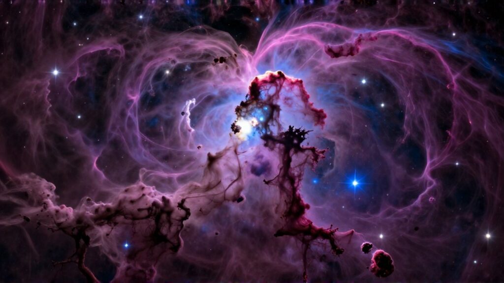Vastas nubes de gas y polvo interestelar brillan en tonos magenta y azul en el espacio profundo.